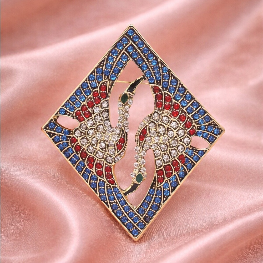 Gilded Twin Crane Statement Brooch with Sapphire & Ruby Crystals